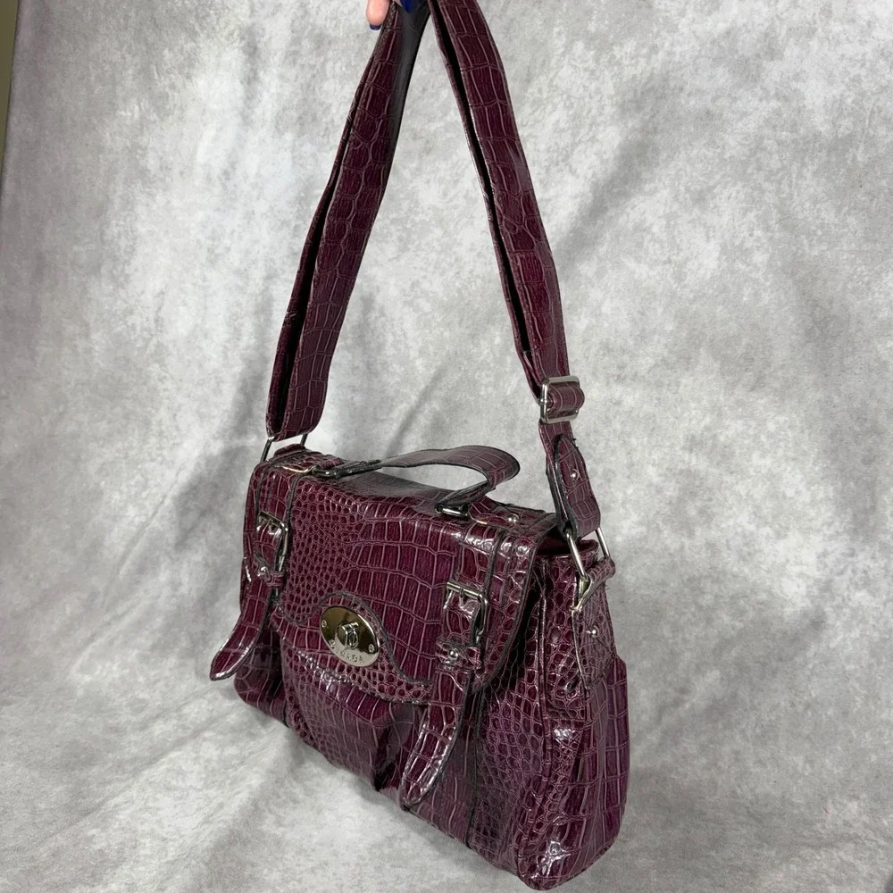 Vtg Y2K Strada Satchel Handbag Maroon Crocodile Shoulder Bag Pocket Organizer